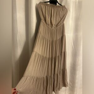 Strapless taupe silk maxi